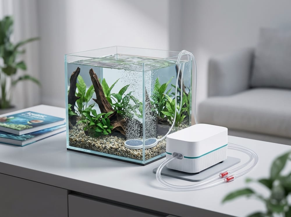 Panduan Pam Udara Mini Senyap Akuarium di Malaysia — supporting aquarium detail